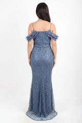 Robe De Soirée Sequins Et Perles, Épaules Dégagées — Bleu