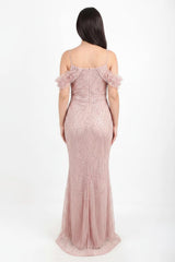Robe De Soirée Rose Poudré Épaules Dénudées, Sequins Et Perles