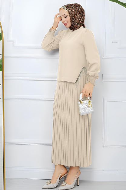 Zweiteiler Rock und Pullover Hijab Kleid Damen - NTKM0007D4797TAŞ