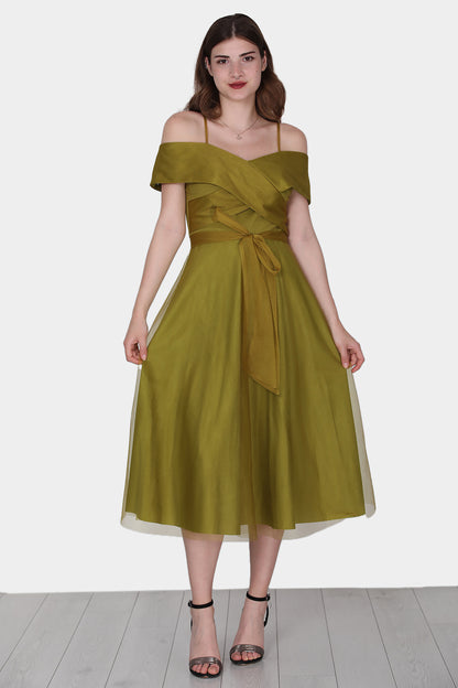 Midi-jurk voor dames, zomerjurk met off-shoulder - NELB0553D8787YAĞ