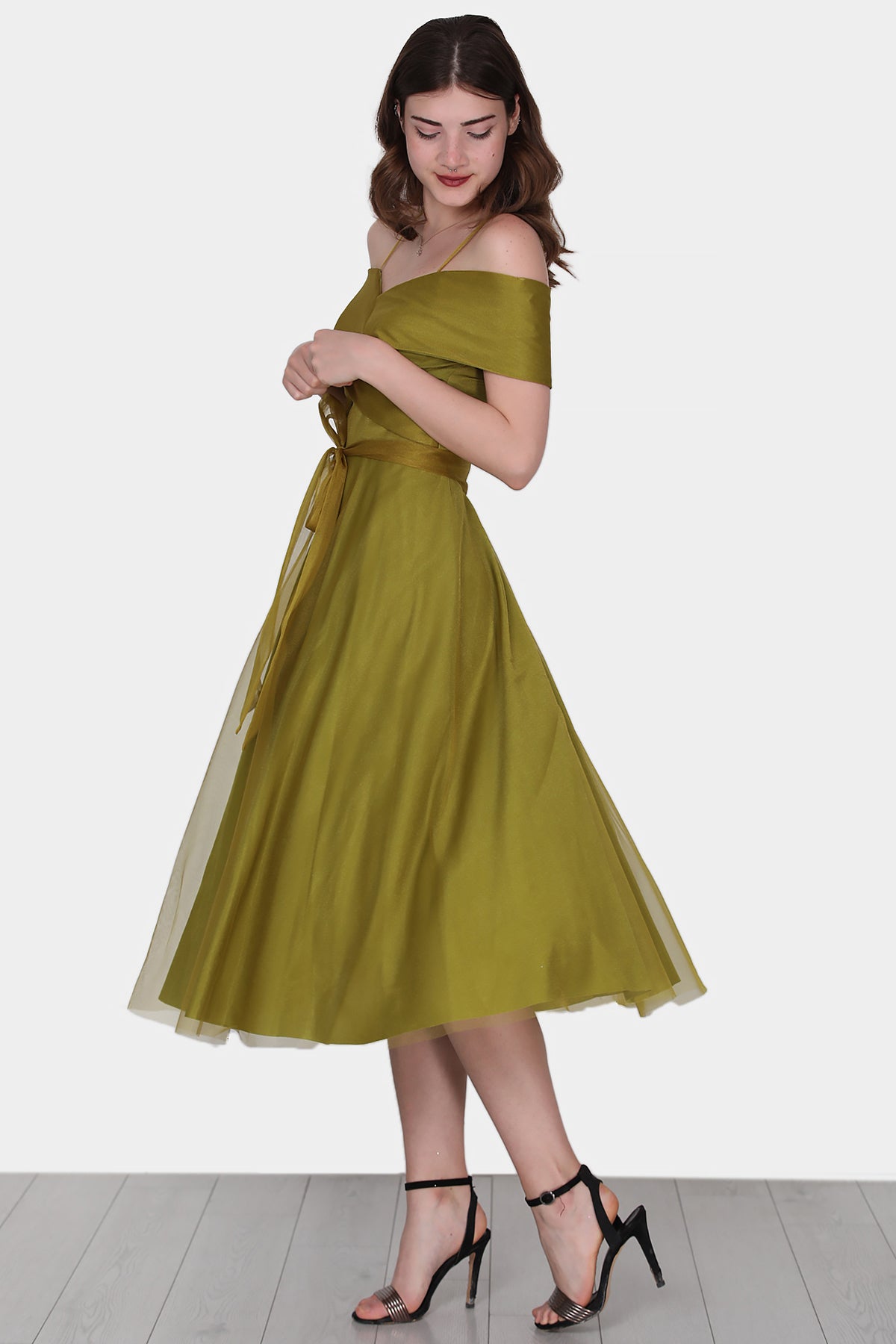 Midi-jurk voor dames, zomerjurk met off-shoulder - NELB0553D8787YAĞ