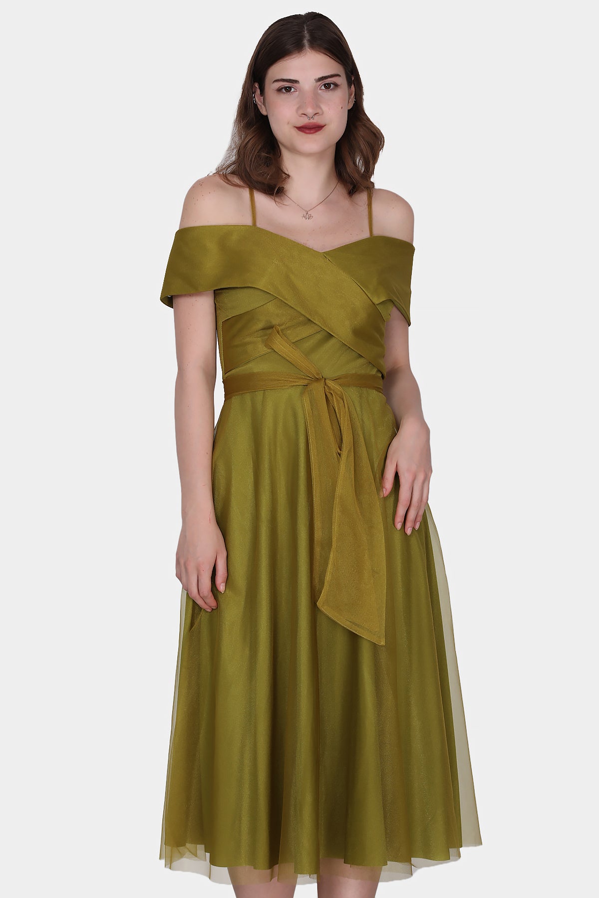 Midi-jurk voor dames, zomerjurk met off-shoulder - NELB0553D8787YAĞ