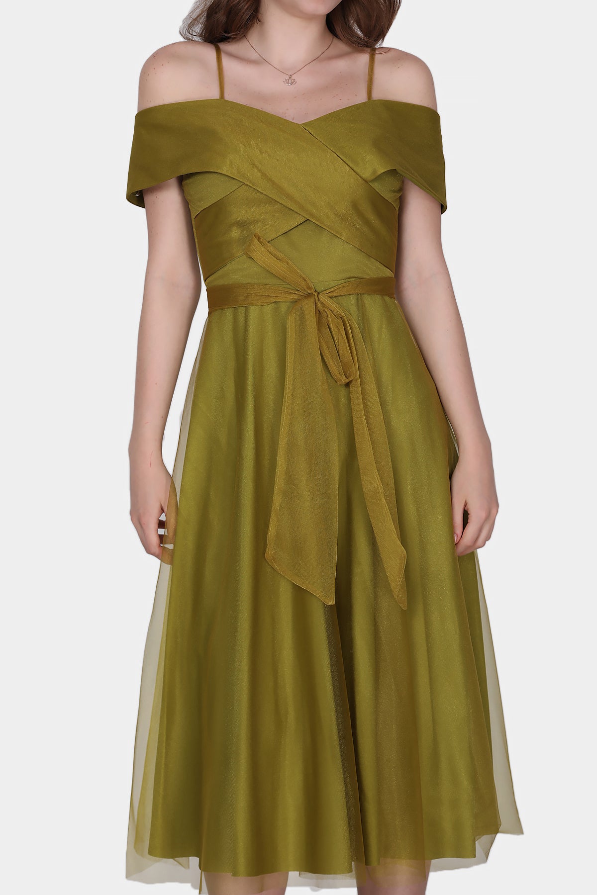 Midi-jurk voor dames, zomerjurk met off-shoulder - NELB0553D8787YAĞ