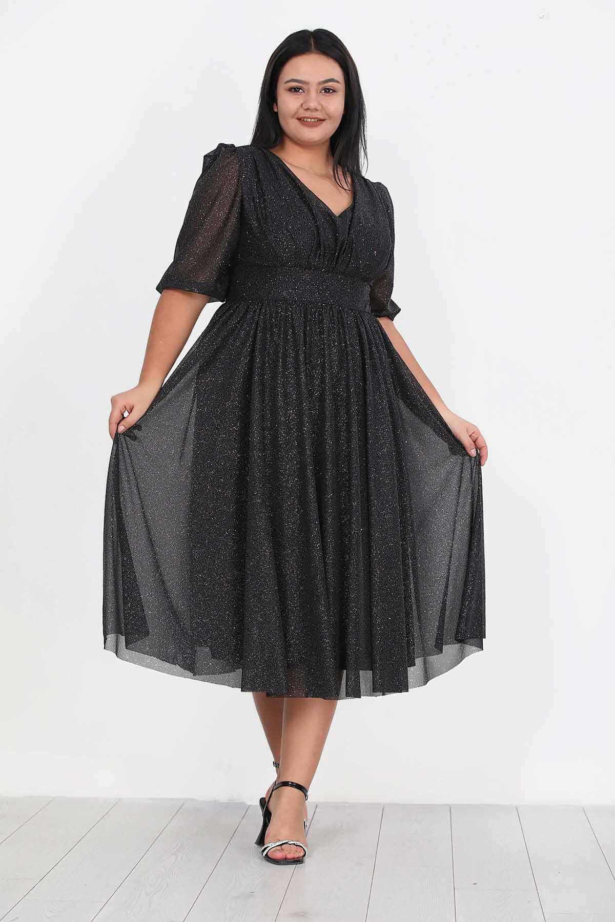 Dames midi-jurk zomerjurk voor grote maten - NELB0553D8848BLK