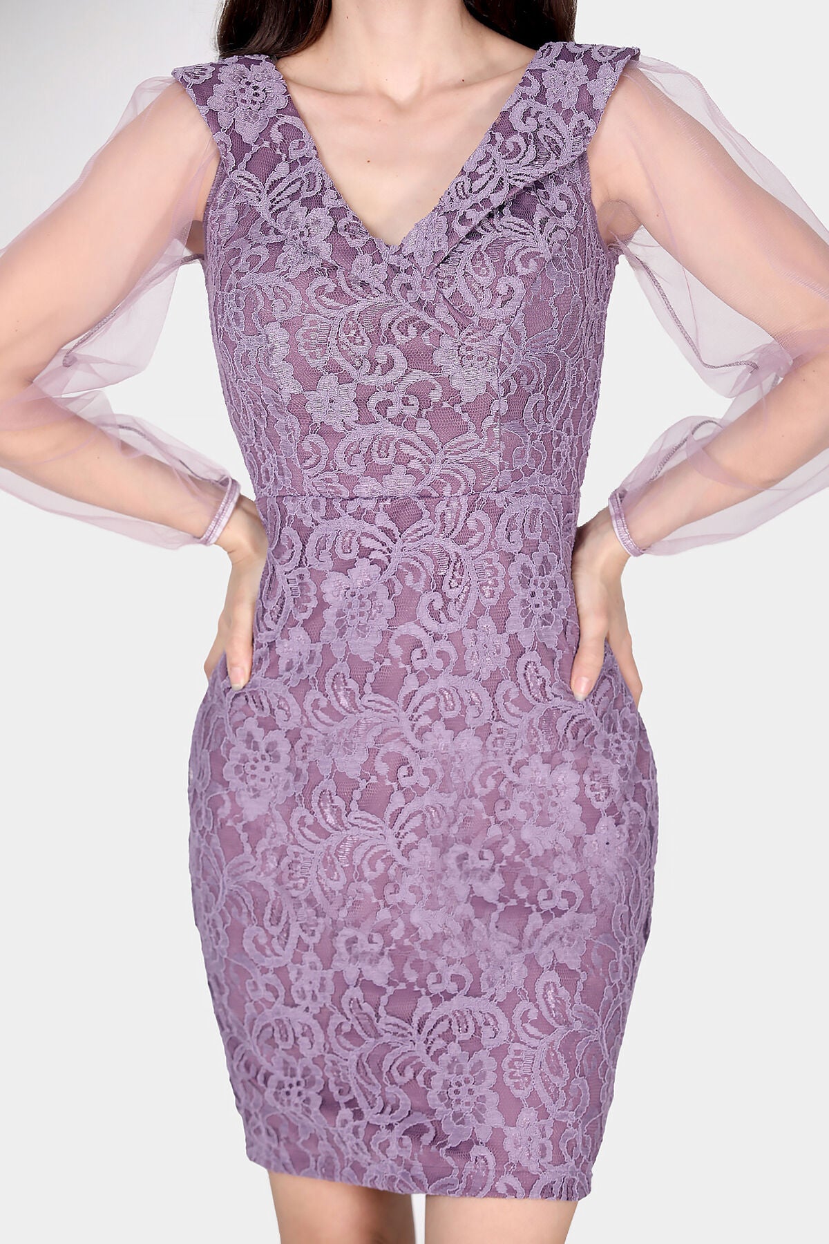 Damen Abendkleid Midikleid mit Spitzendetails - NELB0588D5092LİL