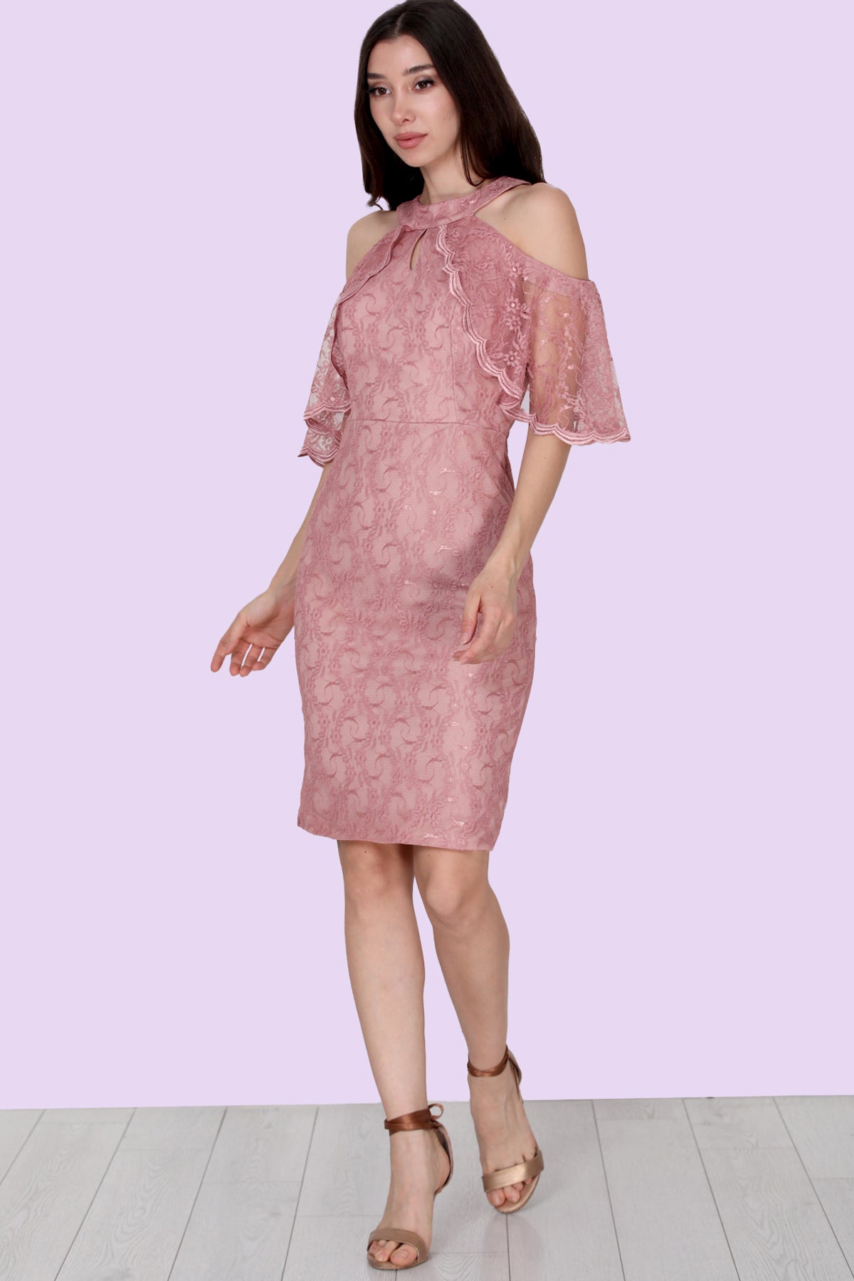 Dames avondjurk midi-jurk met kanten details - NELB0588D5153GÜL