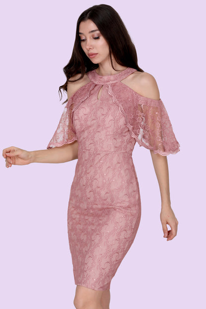 Dames avondjurk midi-jurk met kanten details - NELB0588D5153GÜL