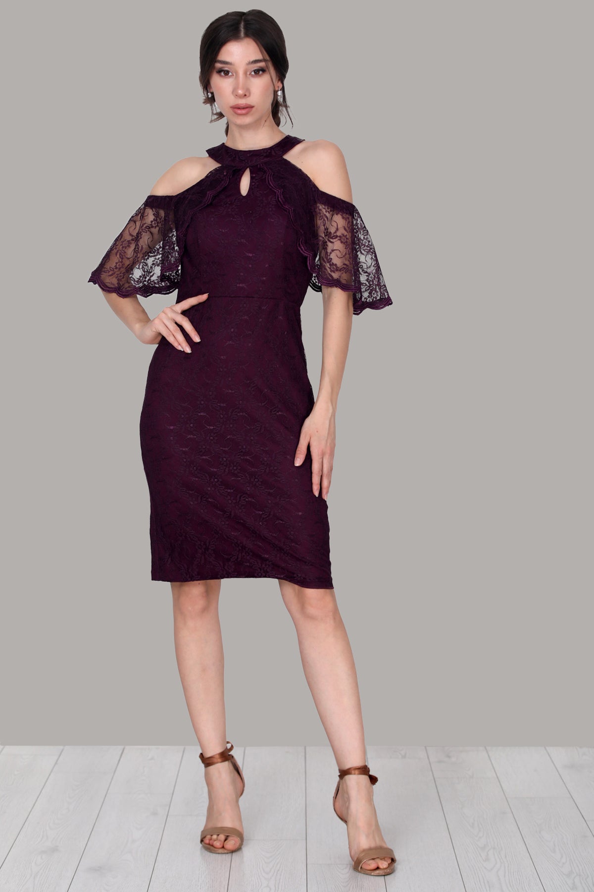 Midi-avondjurk voor dames met kanten details - NELB0588D5153K-M