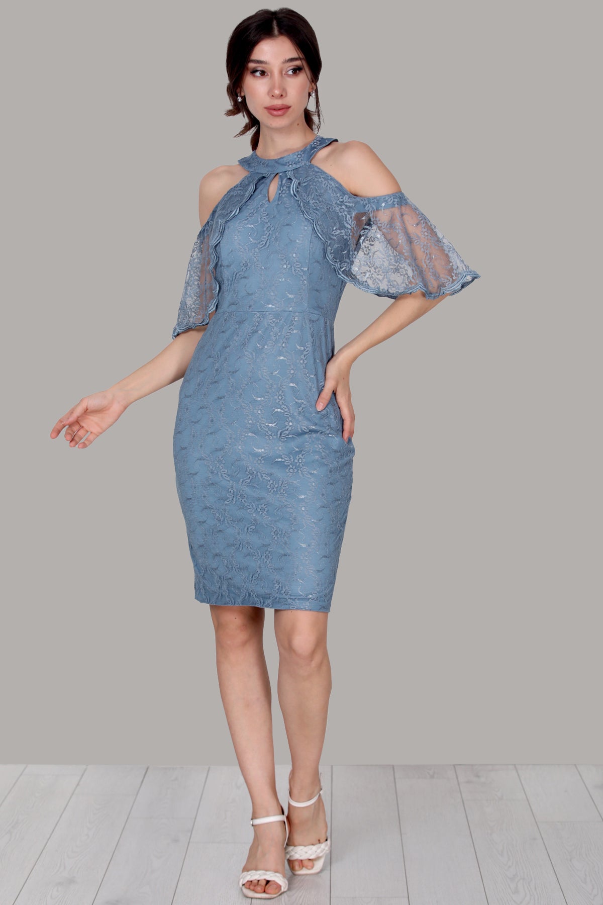 Dames midi-jurk, zomerjurk met kanten details - NELB0588D5153MVİ