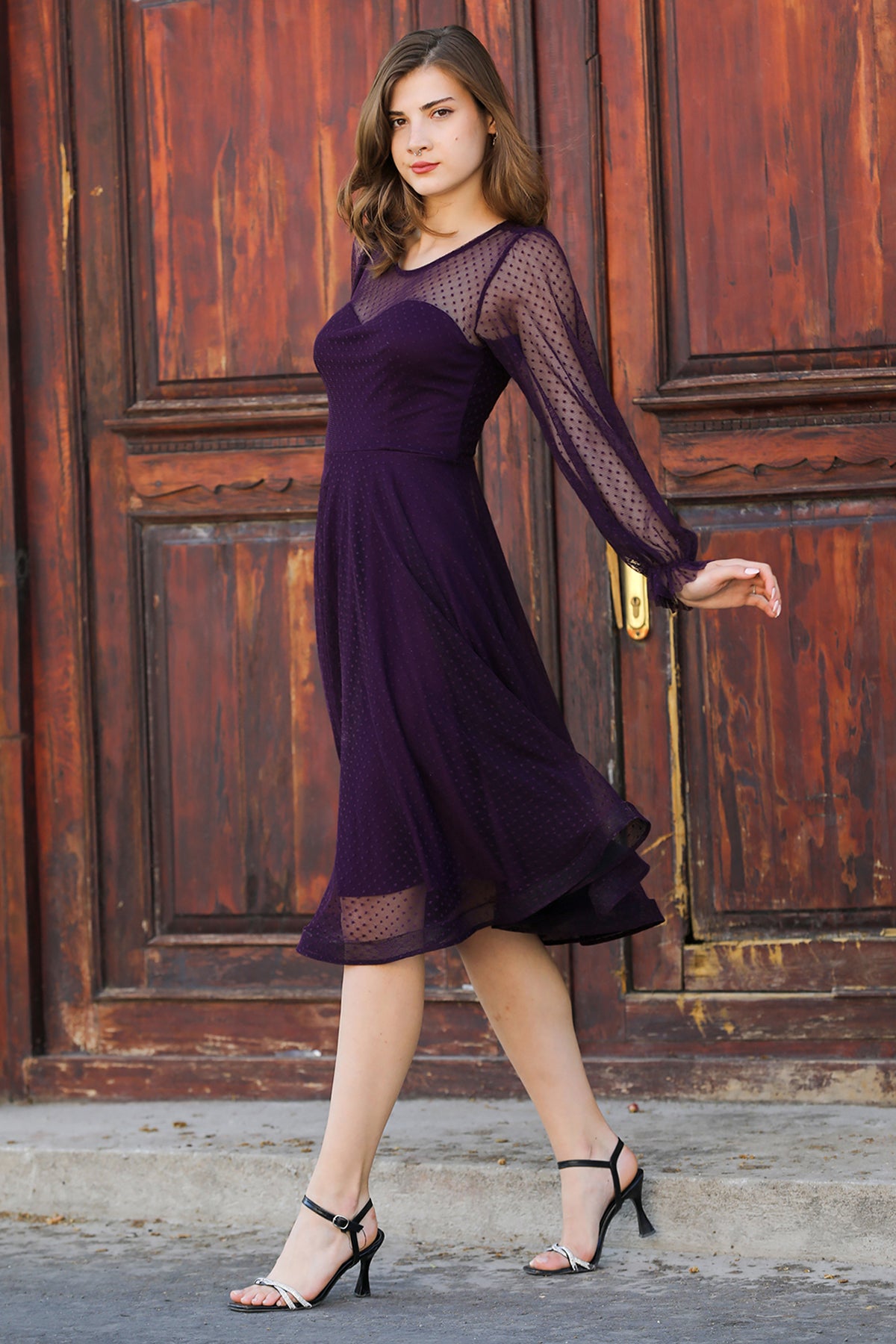 Midi-jurk voor dames, zomerjurk met off-shoulder - NELB0588D5068MOR