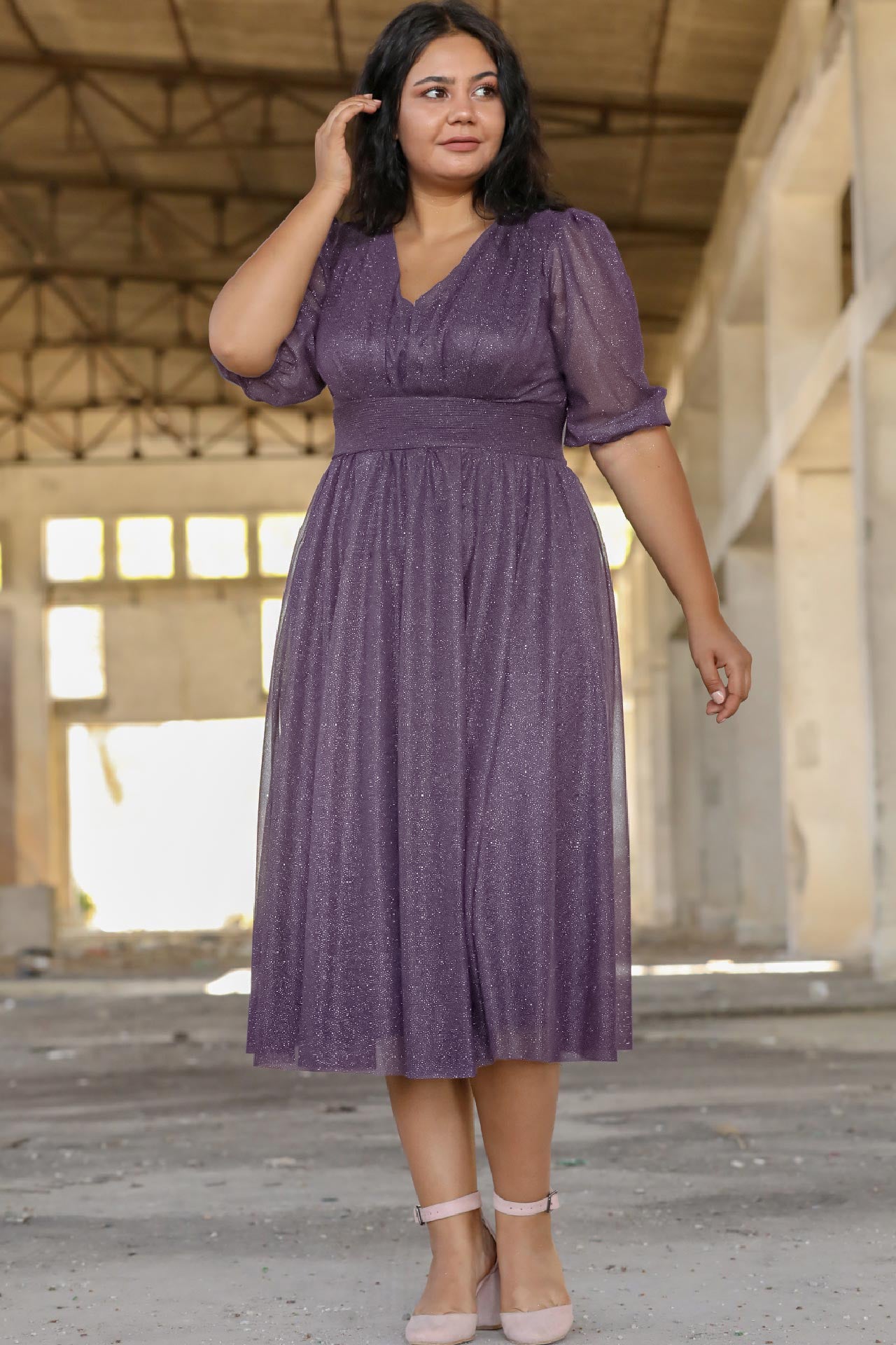 Damen Midikleid Sommerkleid für große Größen - NELB0553D8848LİL