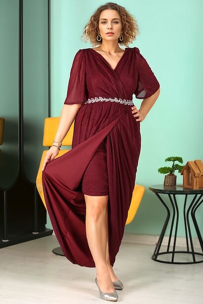Plus-Size-Abendkleid mit Blattsteindetail - NELB1000D9819BRD
