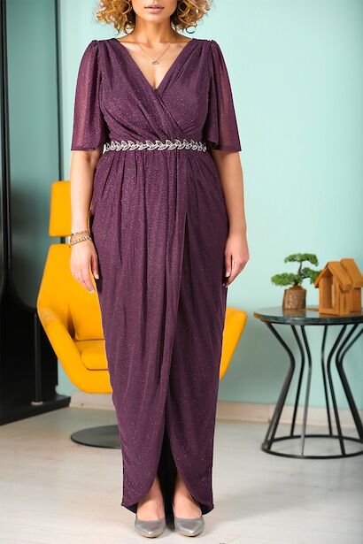 Plus-Size-Abendkleid mit Blattsteindetail - NELB1000D9819K-M