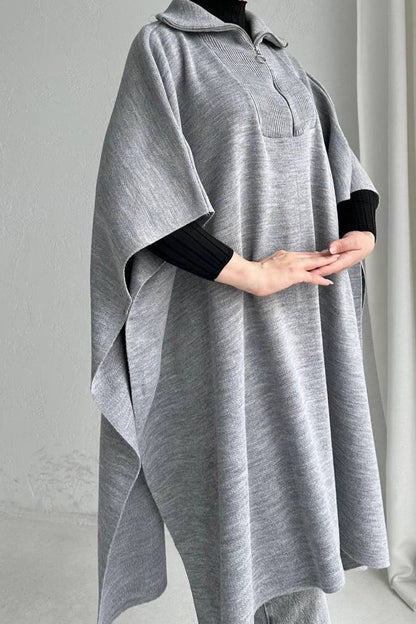 Fijngebreide poncho met kraag met ritssluiting NPNC0007K2370GRİ