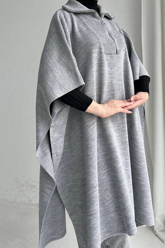Feinstrick-Poncho mit RV-Kragen NPNC0007K2370GRİ