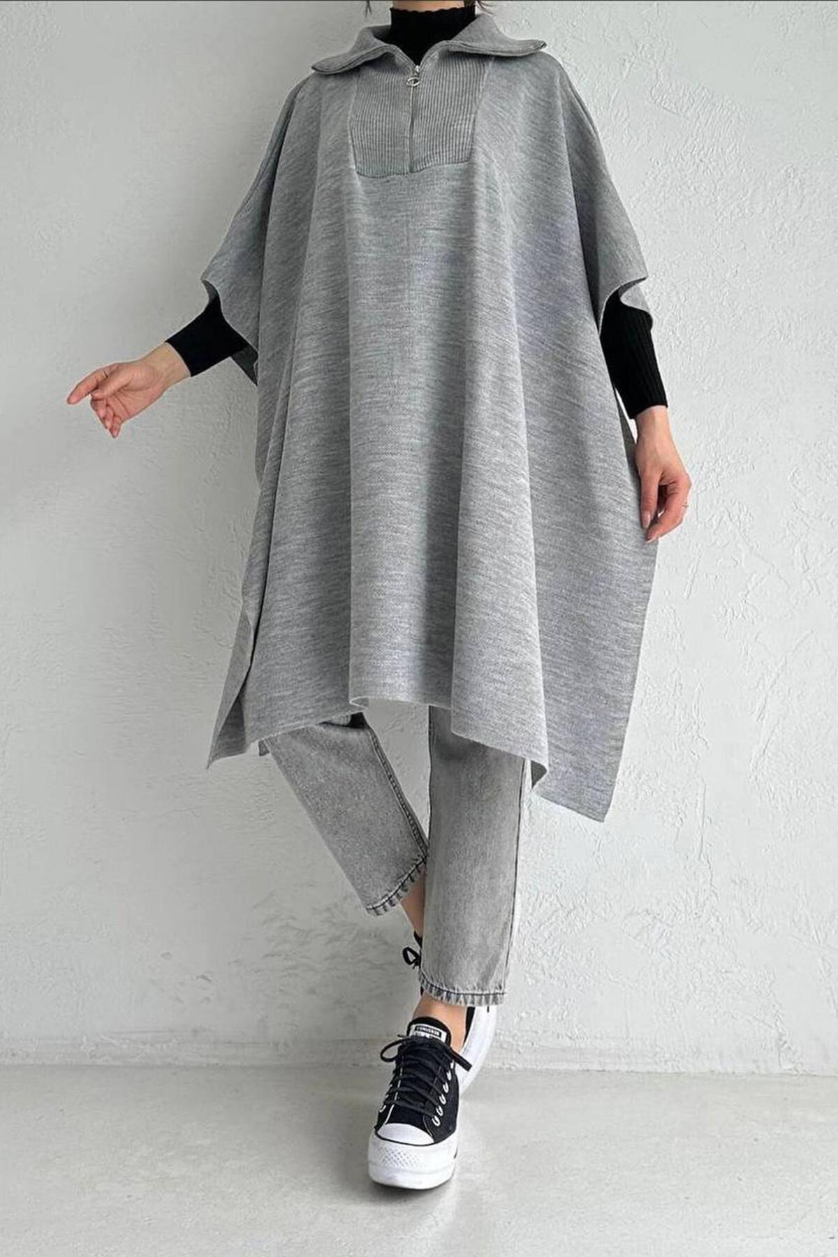 Fijngebreide poncho met kraag met ritssluiting NPNC0007K2370GRİ