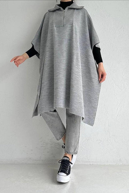 Fijngebreide poncho met kraag met ritssluiting NPNC0007K2370GRİ