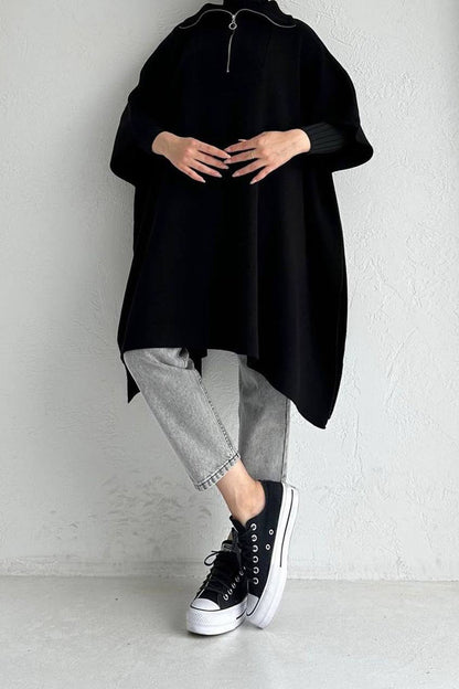 Fijngebreide poncho met kraag met ritssluiting NPNC0007K2370SYH