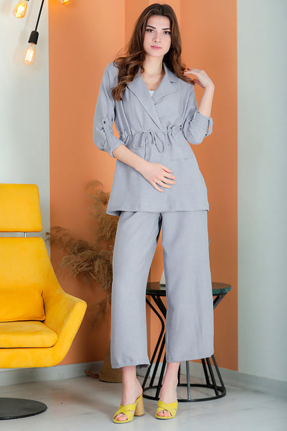 Zweiteiler Set Freizeit Eleganter Anzug Damen - NTKM0007D4723GRİ