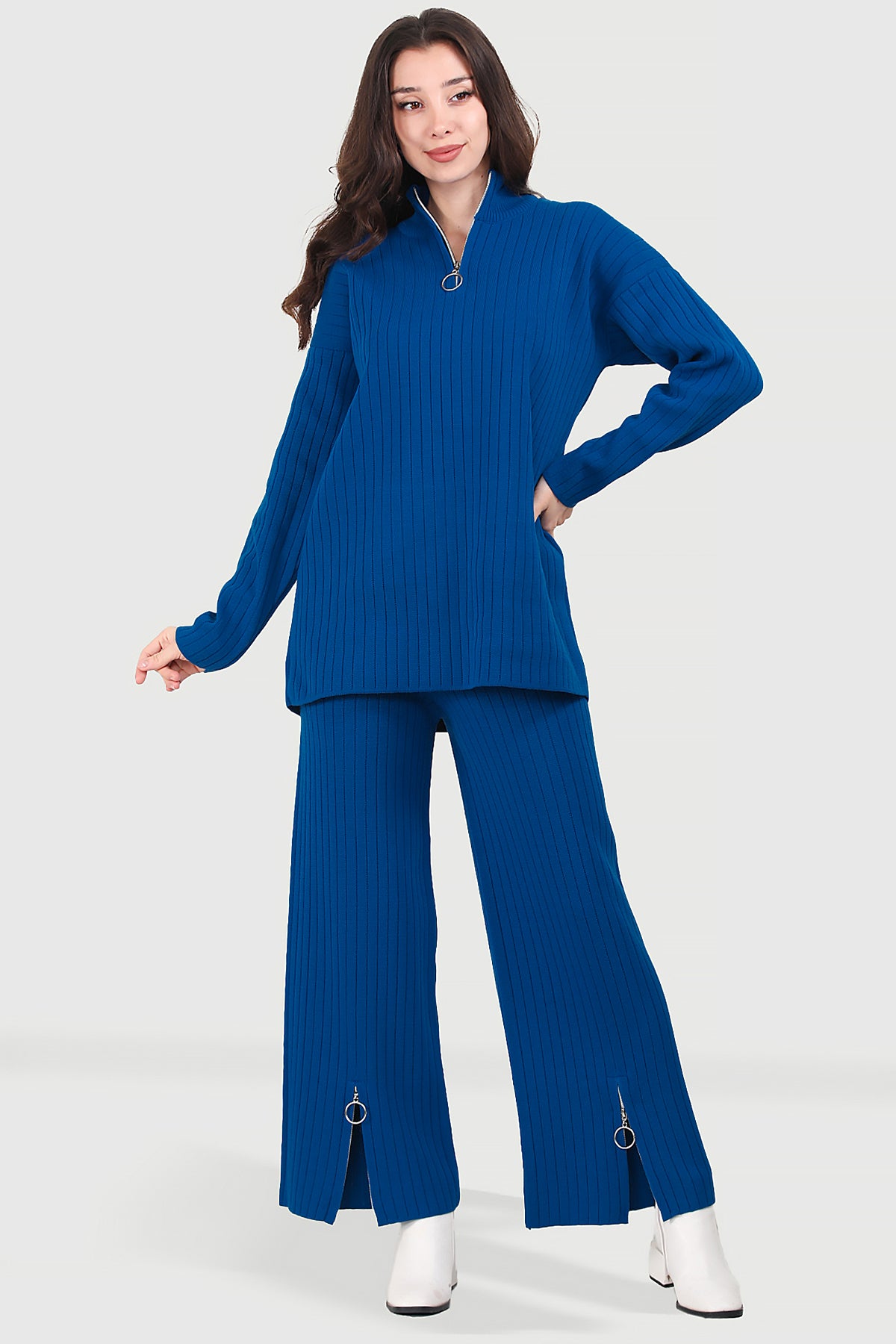 Gebreide damesset blauw-NTKM0007K9017SKS