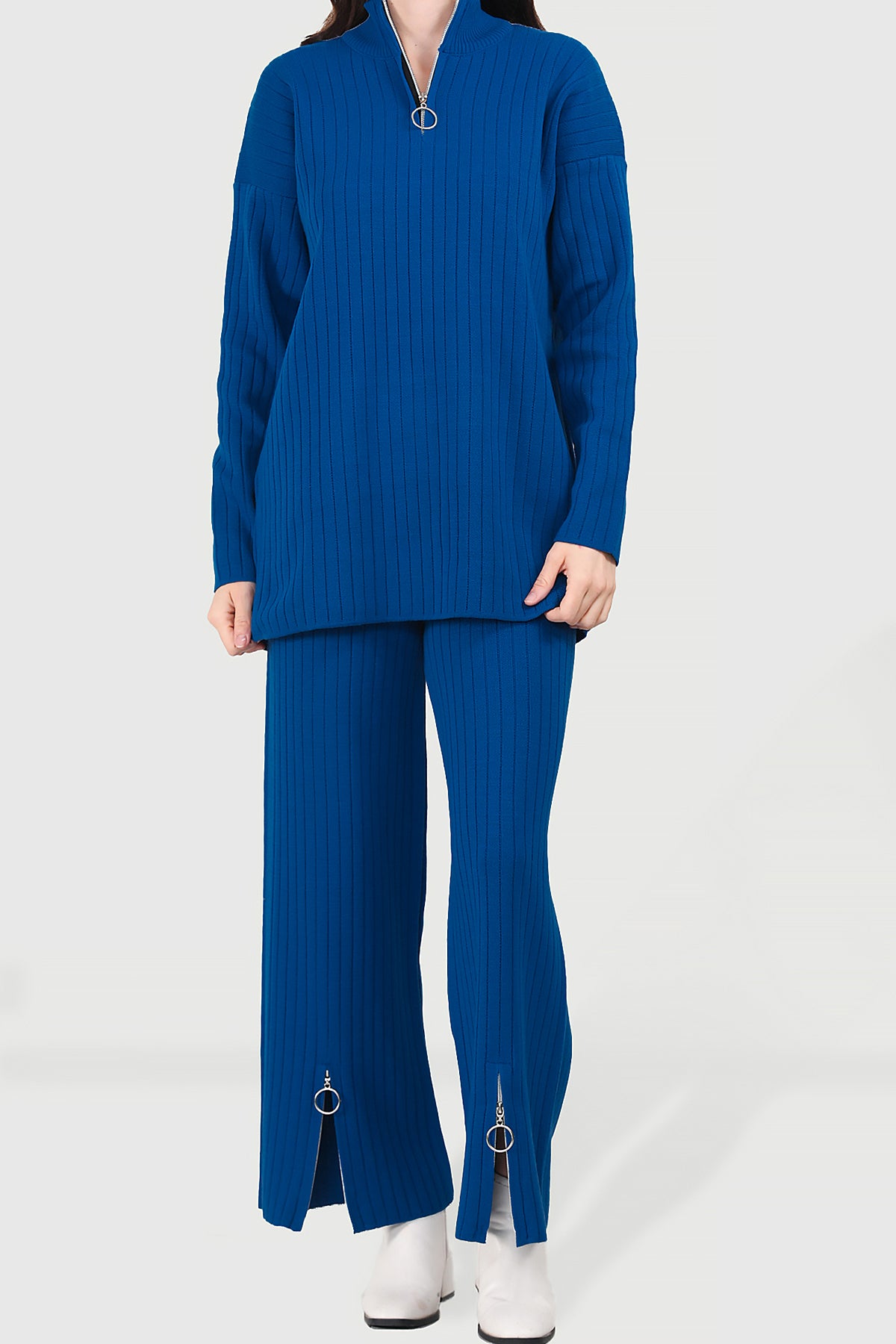 Gebreide damesset blauw-NTKM0007K9017SKS