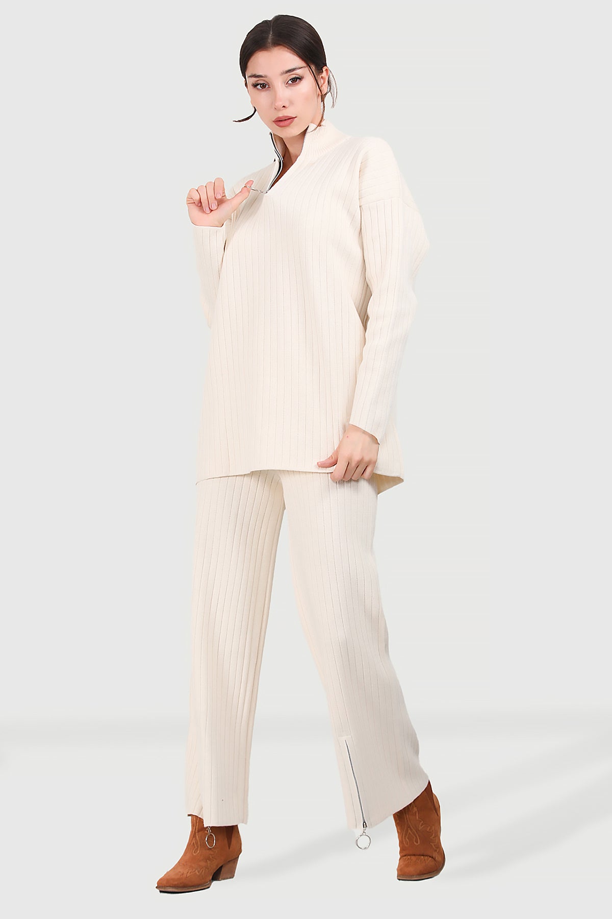 Gebreid tweedelig pak in beige one size - NTKM0007K9017TAS