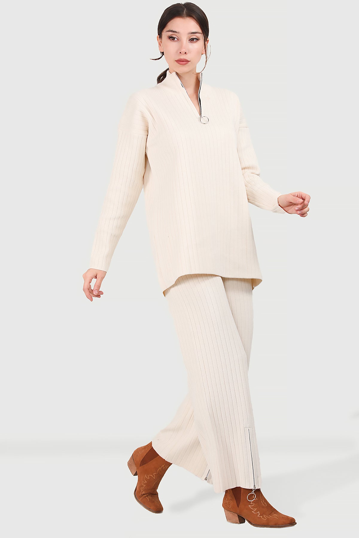 Gebreid tweedelig pak in beige one size - NTKM0007K9017TAS