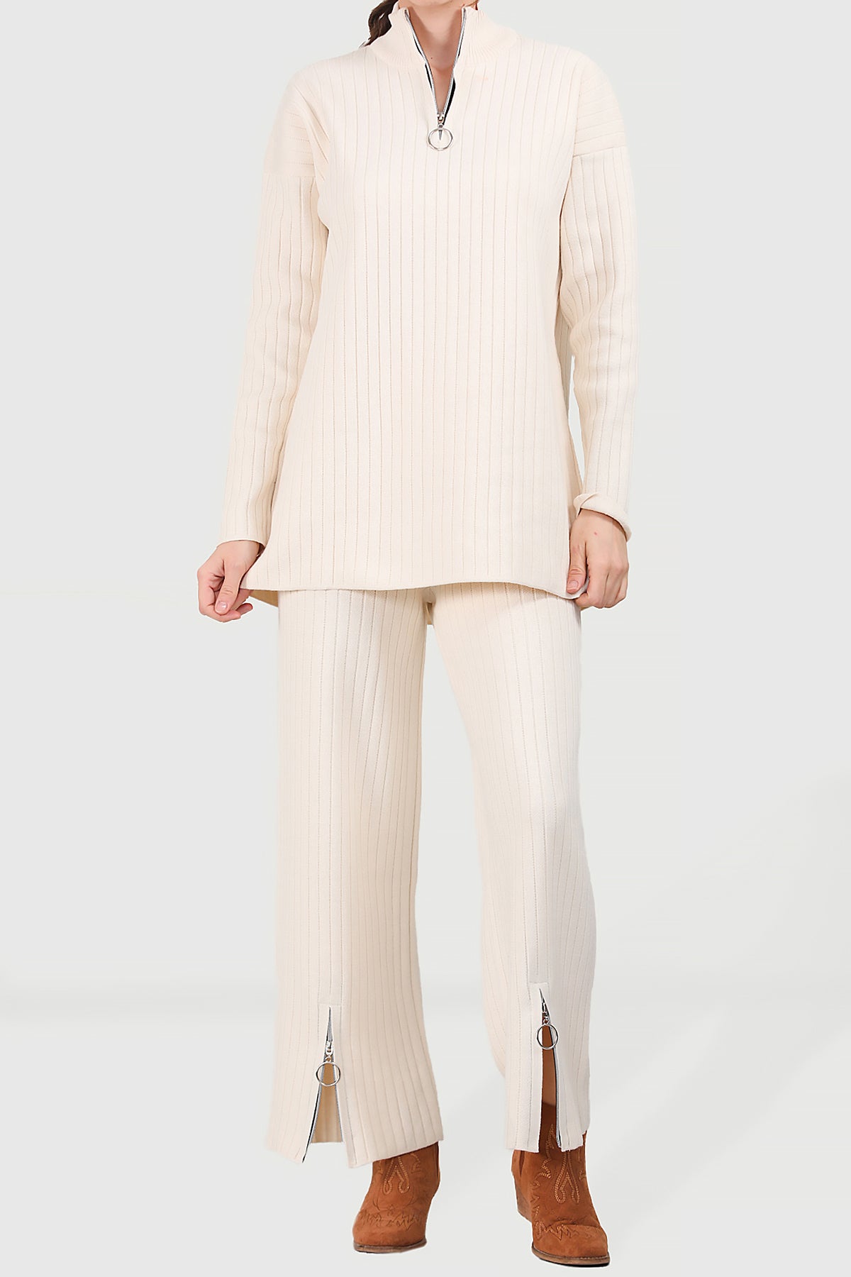 Gebreid tweedelig pak in beige one size - NTKM0007K9017TAS