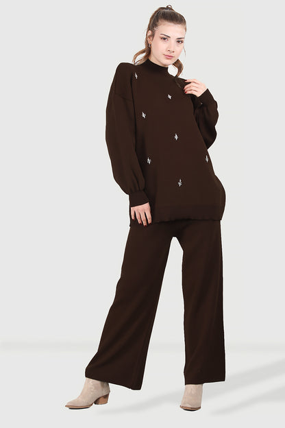 Gebreid tweedelig pak in bruin één maat - NTKM0007K0110KHV