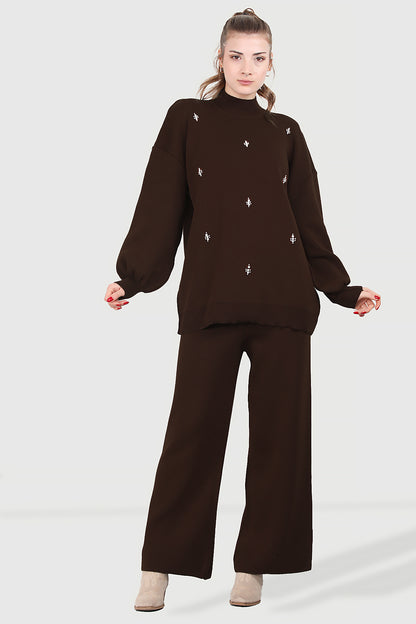Gebreid tweedelig pak in bruin één maat - NTKM0007K0110KHV
