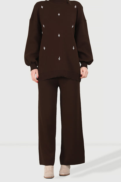 Gebreid tweedelig pak in bruin één maat - NTKM0007K0110KHV