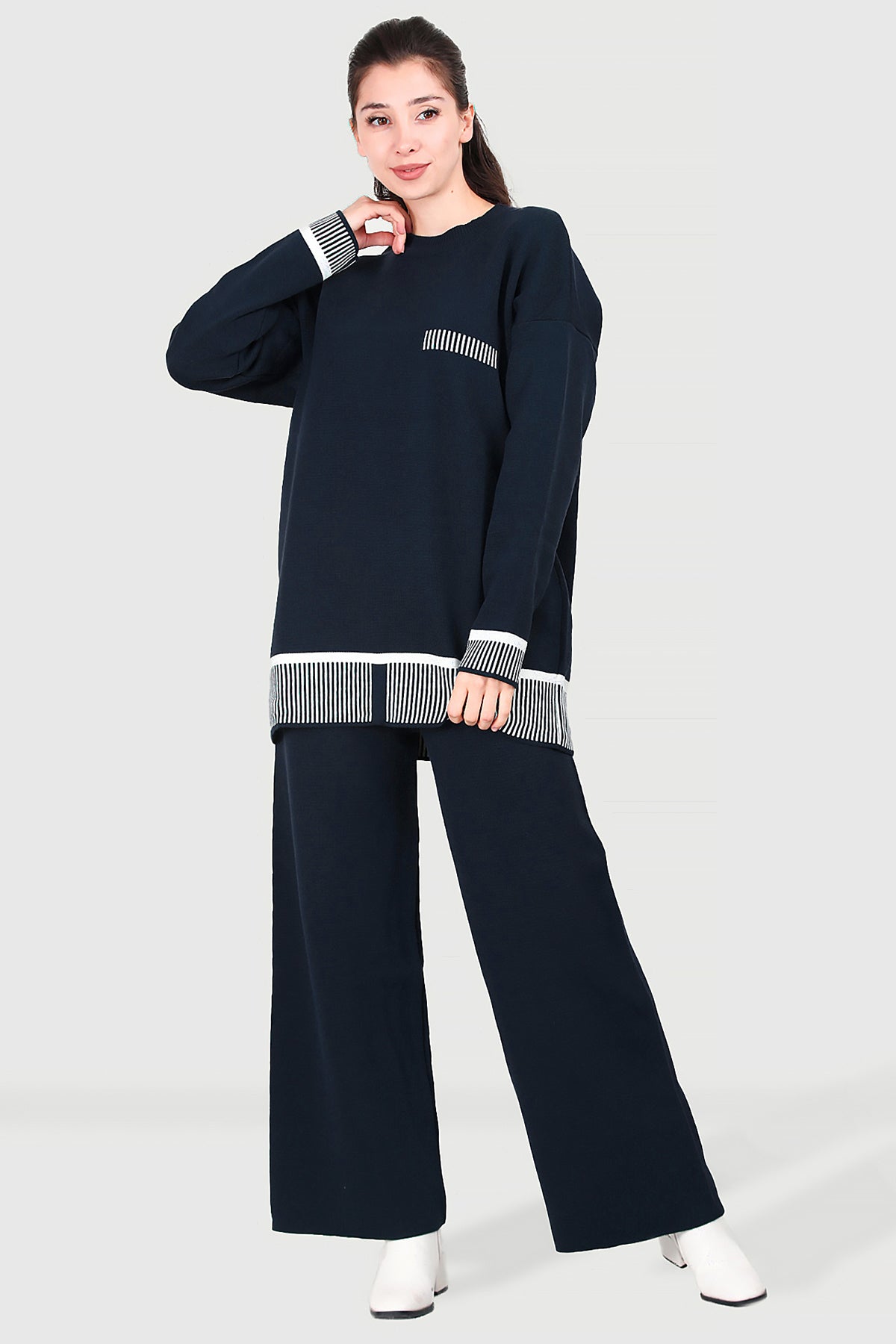 Gebreid tweedelig pak in damesblauw one size - NTKM0007K9015LCV