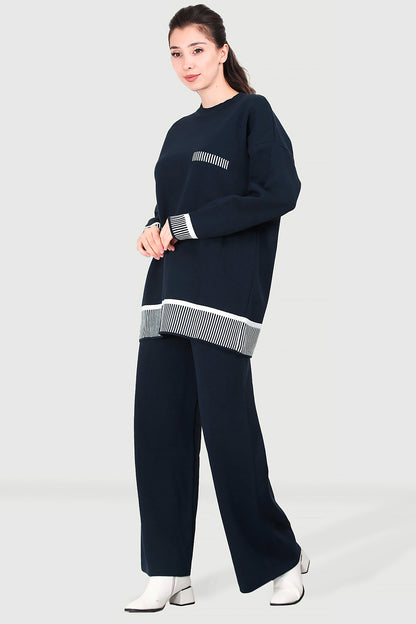 Gebreid tweedelig pak in damesblauw one size - NTKM0007K9015LCV