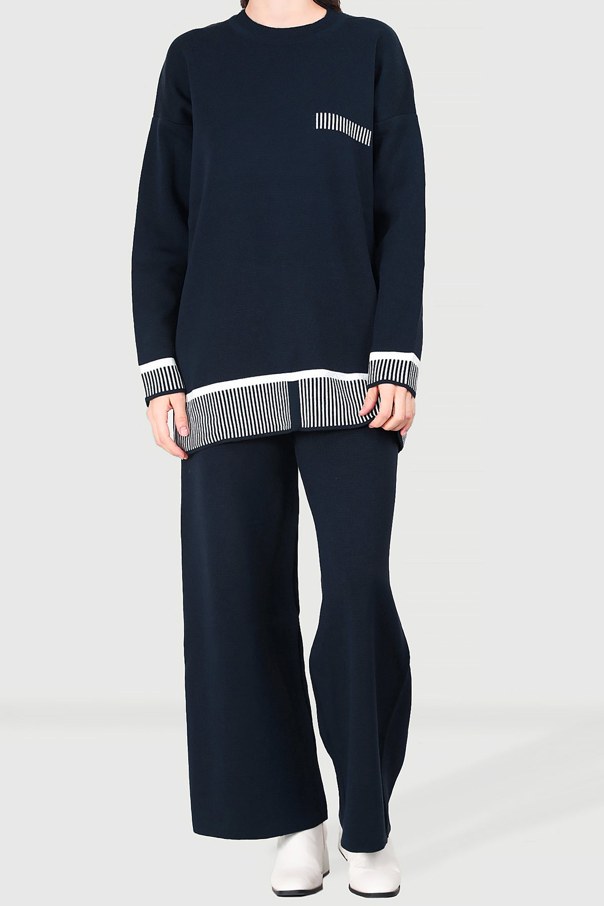 Gebreid tweedelig pak in damesblauw one size - NTKM0007K9015LCV