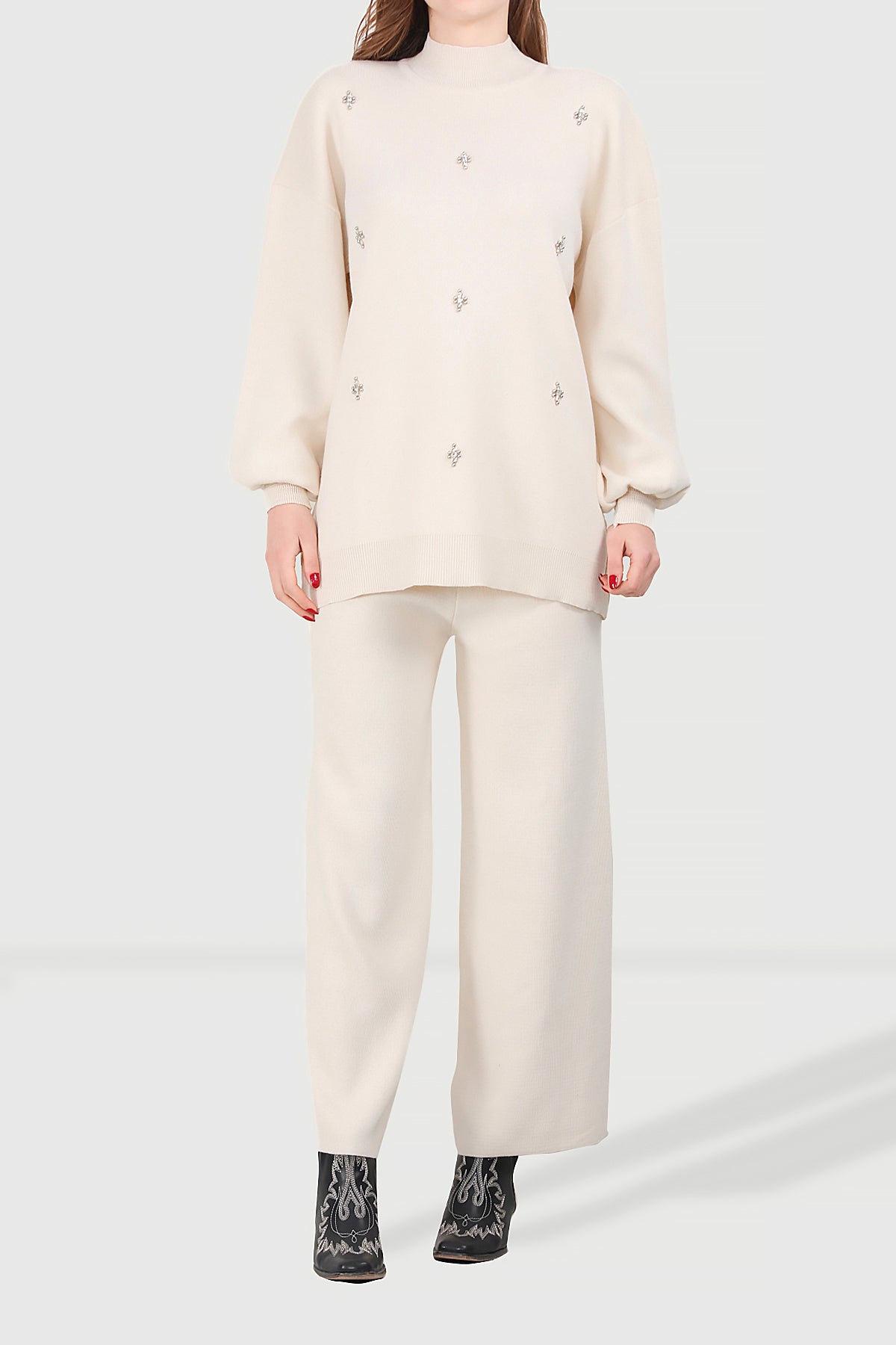 Gebreid tweedelig pak in beige one size - NTKM0007K0110TAŞ