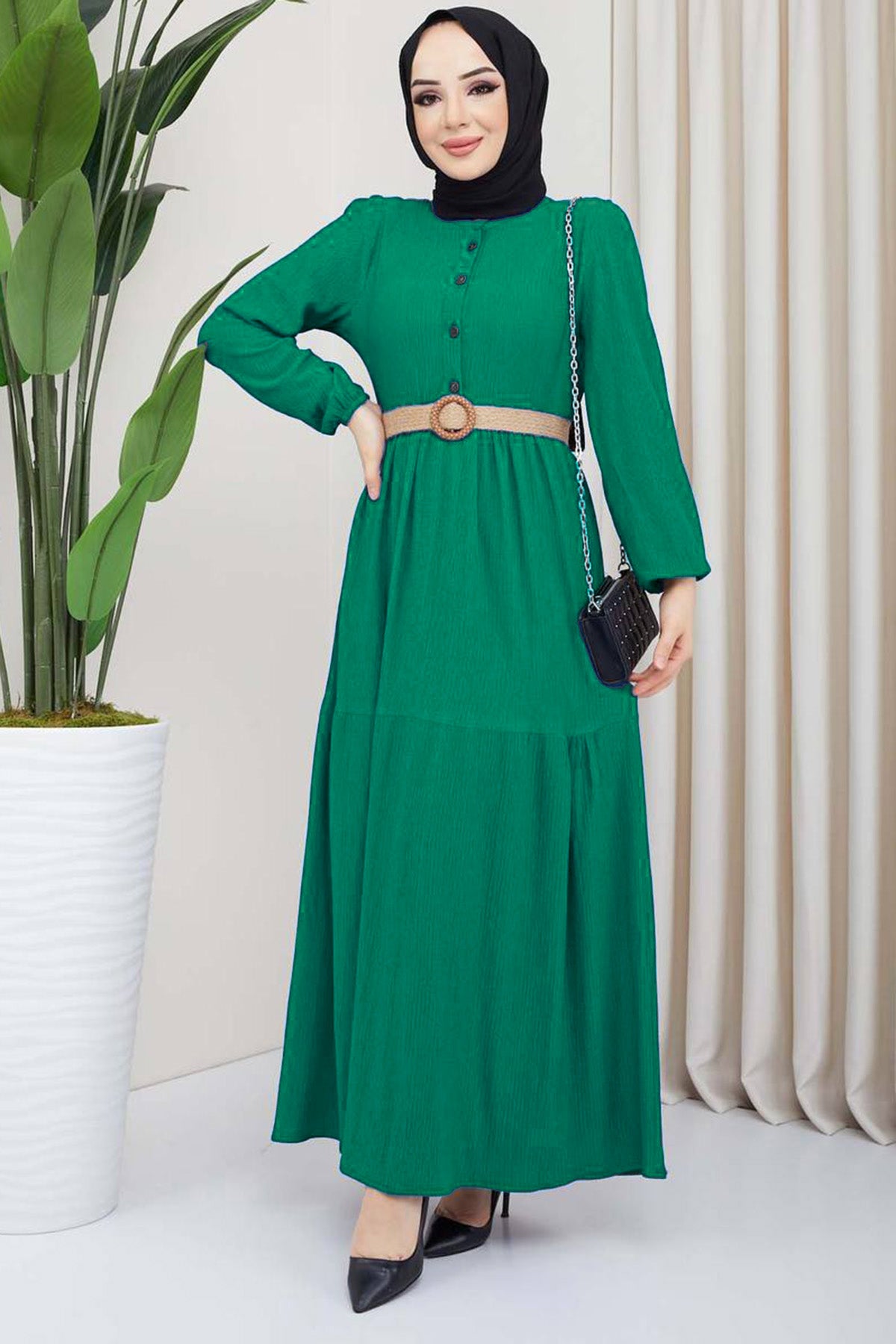 Langes Kleider Abaya Hijab Kleid Damen- NELB0007D0051YŞL