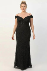 Robe De Soirée Grande Taille À Épaules Dénudées Et Ornée De Perles — Noir