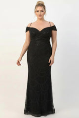 Robe De Soirée Grande Taille À Épaules Dénudées Et Ornée De Perles — Noir