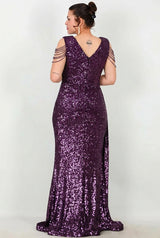Robe De Soirée Longue Grande Taille À Sequins Et Chaîne Aux Épaules — Violet