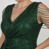 Robe Longue À Sequins Avec Chaîne Épaule, Grande Taille — Vert