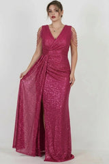 Plus - Size Fuchsia Sequin Evening Dress With Shoulder Chain