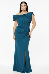 Robe De Soirée Longue Grande Taille À Plissé Et Fente — Bleu