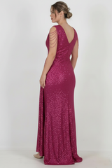 Plus - Size Fuchsia Sequin Evening Dress With Shoulder Chain