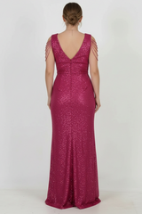 Plus - Size Fuchsia Sequin Evening Dress With Shoulder Chain