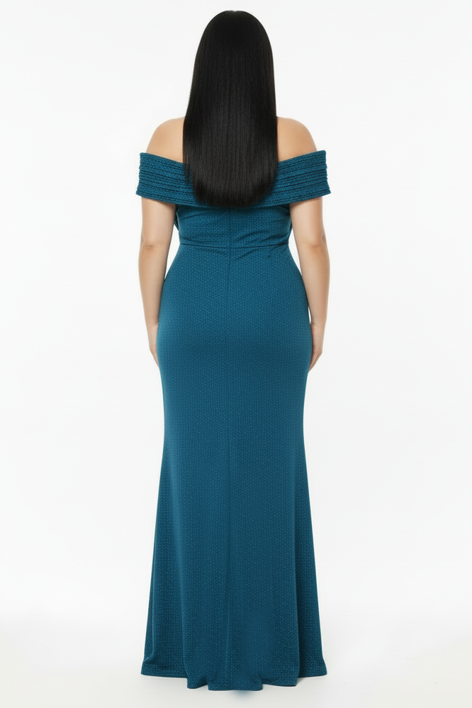 Langes Abendkleid In Großen Größen Mit Plissee‑Ausschnitt Und Schlitz – Blau