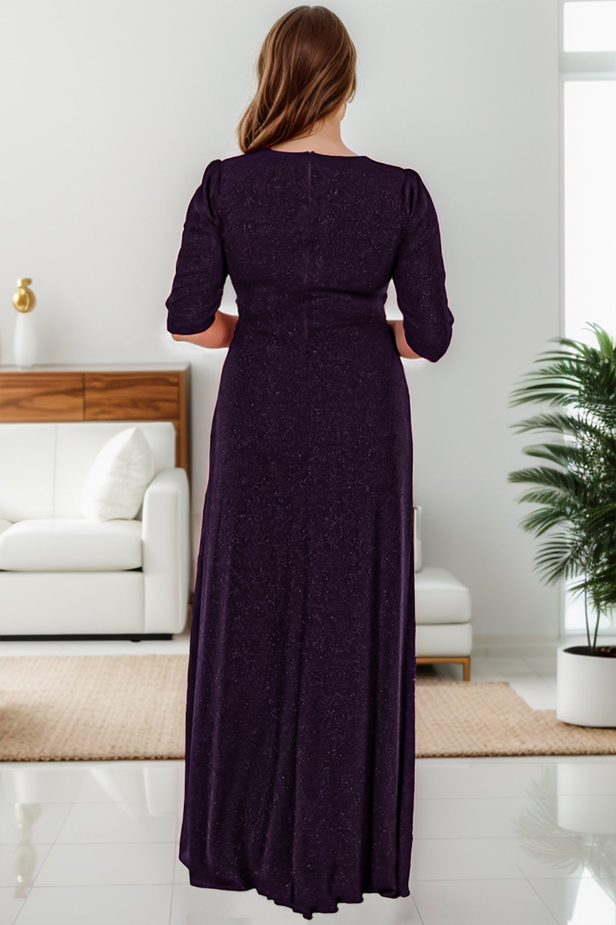 Plus Size Sparkly Double Breasted Collar Long Evening Dress - NELB1000D9740K-M