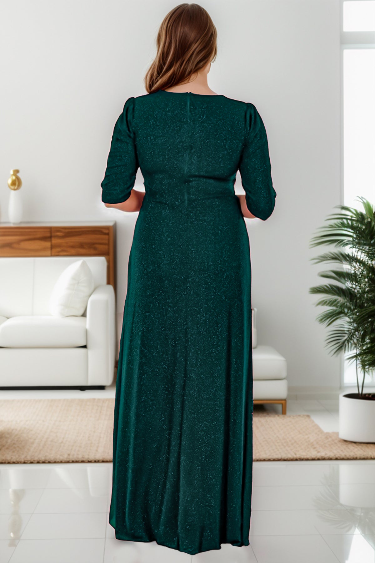 Glitzerndes langes Abendkleid mit zweireihigem Kragen in Übergröße - NELB1000D9740ZMT