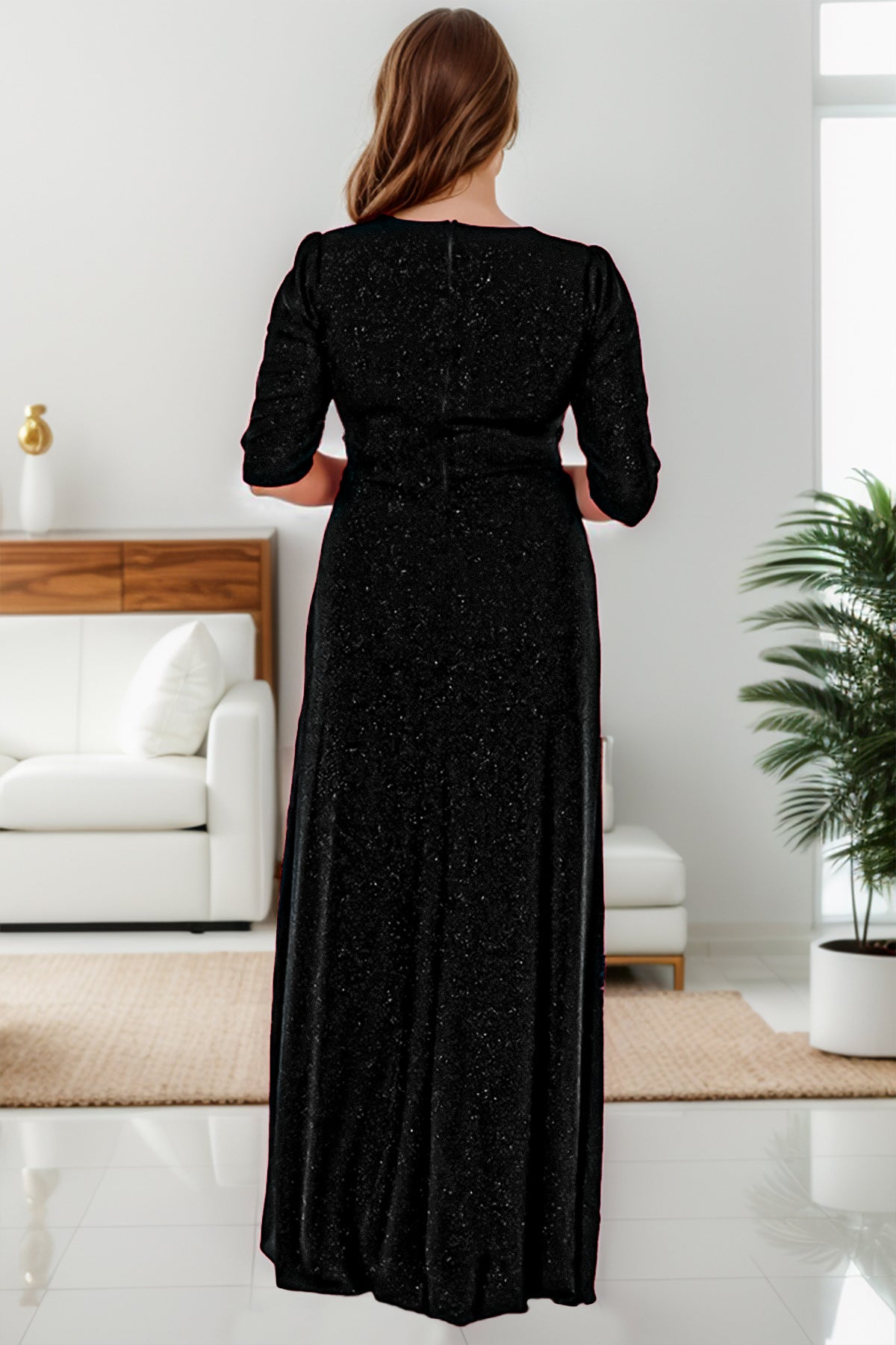 Glitzerndes langes Abendkleid mit zweireihigem Kragen in Übergröße - NELB1000D9740SYH