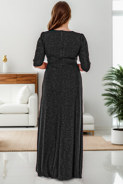 Glitzerndes langes Abendkleid mit zweireihigem Kragen in Übergröße - NELB1000D9740BLK