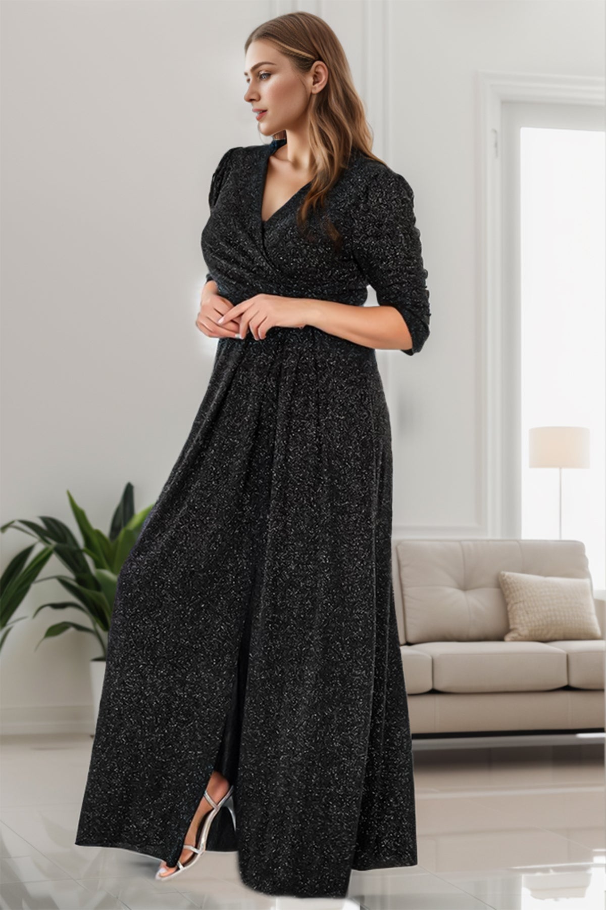 Glitzerndes langes Abendkleid mit zweireihigem Kragen in Übergröße - NELB1000D9740BLK